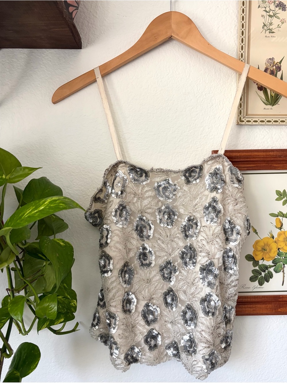 Embellished Mesh Cami Crop Top in Cream and Silver - XS Sequins and Beaded